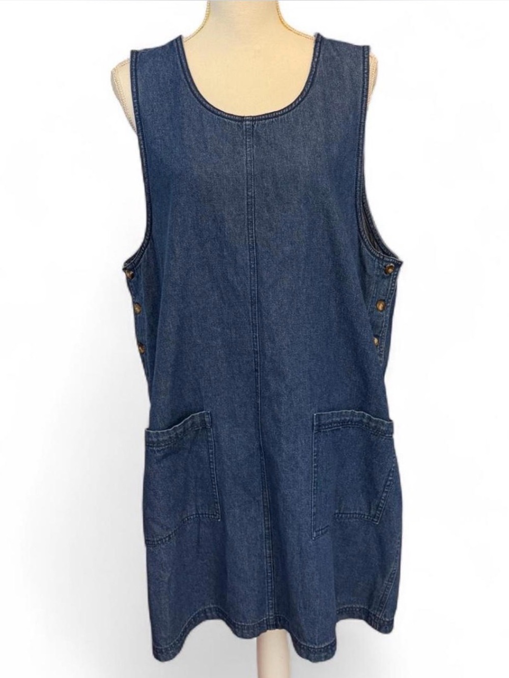 Vintage 90s Van Heusen Blue Cotton Denim Teacher Smock Dress Button Pocket Large